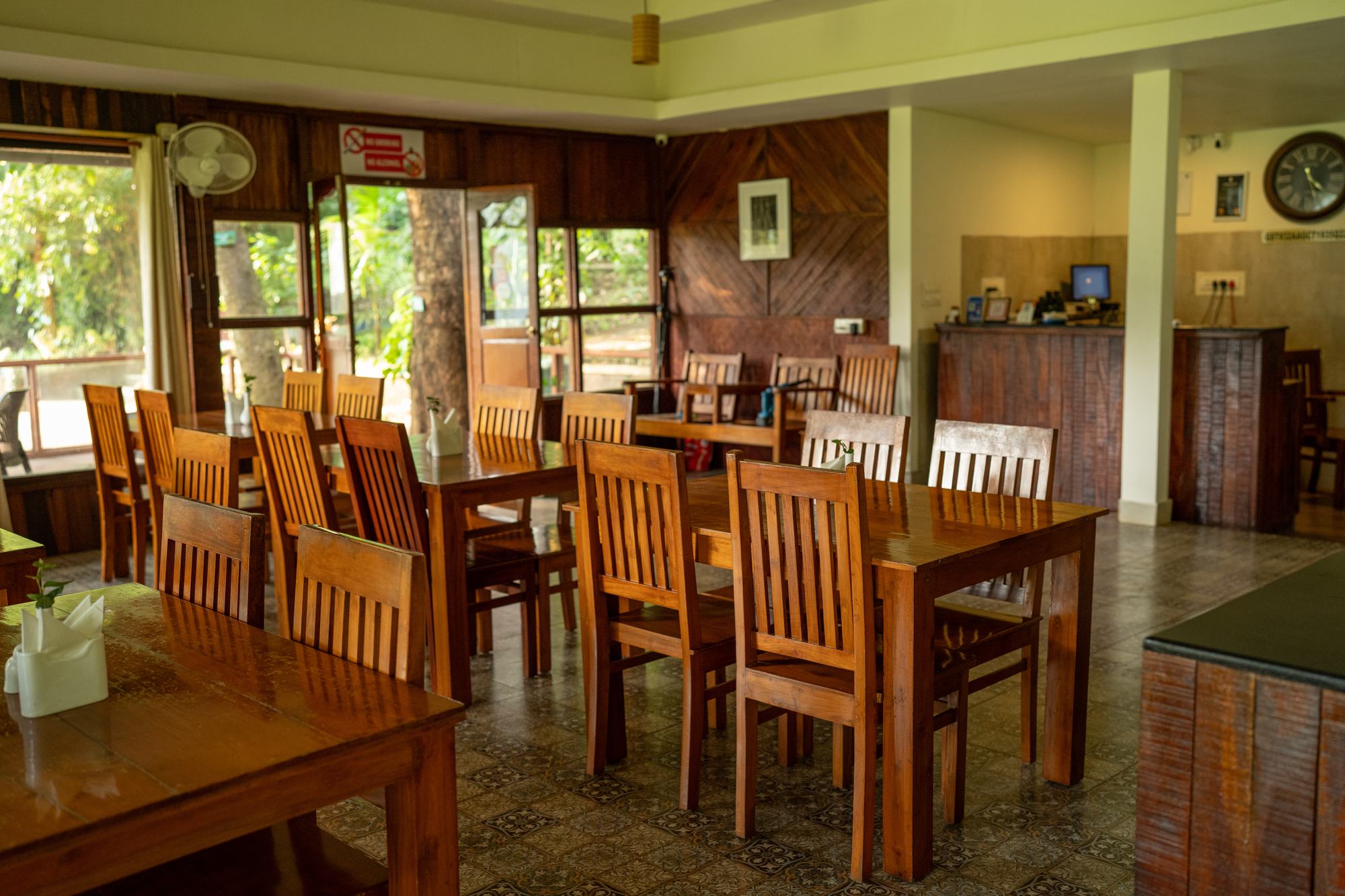 Restaurant dining room with timber tables and chairs
